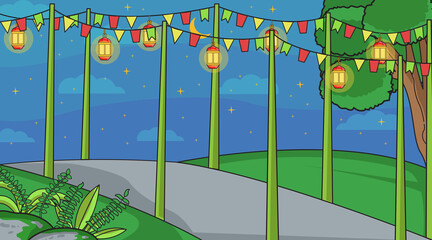 Background muslim starry ramadan night,outdoor are tree and another plant. With ramadan ornament muslim and lantern.Background muslim illustration vector.
