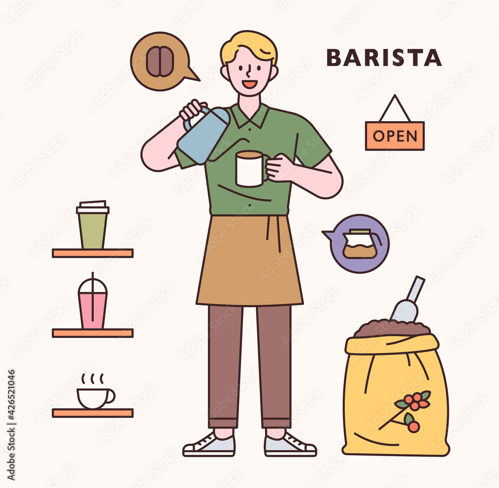 Poster baristar character and icon set. flat design style minimal vector illustration.