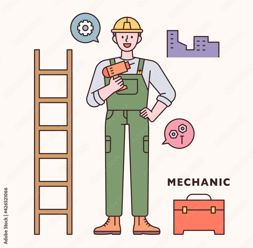 Poster engineer character and icon set. flat design style minimal vector illustration.