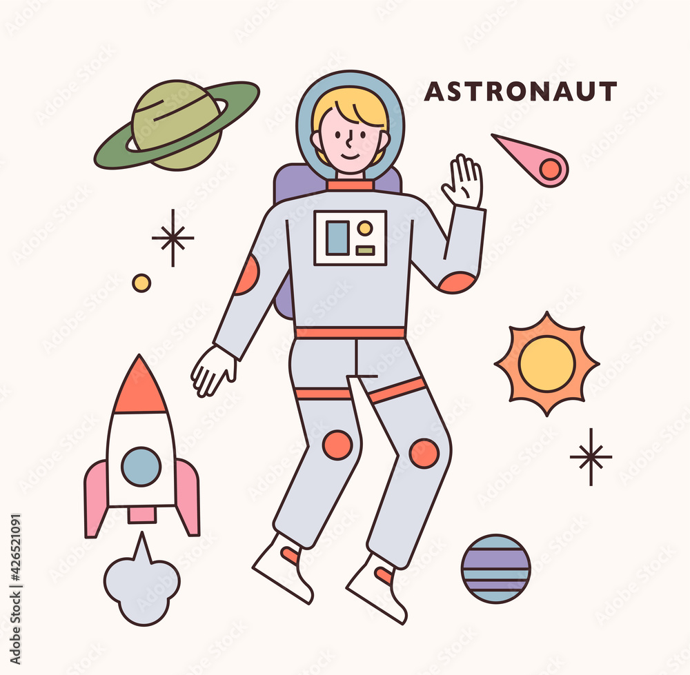 Poster Spaceman character and icon set. flat design style minimal vector illustration.