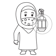 Muslim girl use blue shirt and hijab. put ramadan lantern in ramadan month, using mask and healthy protocol.Character illustration.