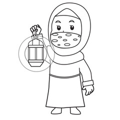 Muslim girl use orange shirt and hijab. put ramadan lantern in ramadan month, using mask and healthy protocol.Character illustration.
