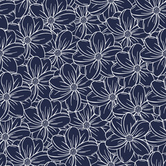 Fototapeta premium Monochrome Floral vector seamless Pattern Doodle style. Summer Hand drawn Botanical pattern. Nautical Marine look. 