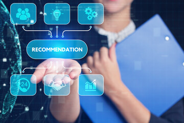 Business, Technology, Internet and network concept. Young businessman working on a virtual screen of the future and sees the inscription: Recommendation