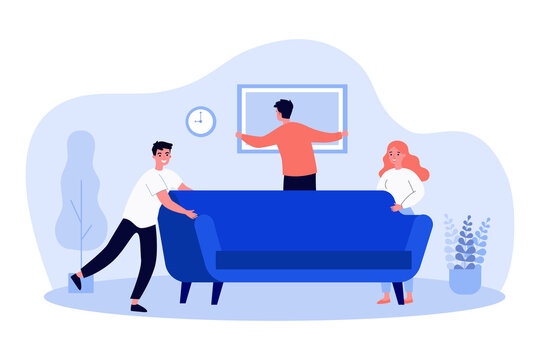 Happy people moving into new apartment or house. Couple moving sofa, friend hanging picture flat vector illustration. Moving, new home concept for banner, website design or landing web page