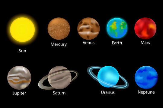 planets in fantasy style. Different planets in cartoon style. Parade of planets. Stock image. Vector illustration. EPS 10.