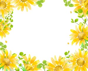 watercolor sunflower‘s flower and botanical frame 
