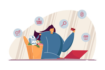 Happy woman with laptop ordering food. Female with credit card in hand shopping online flat vector illustration. Ecommerce, online food delivery concept for banner, website design or landing web page