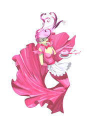 Original digital illustration of a beautiful elegant vampire lady in a gorgeous pink dress