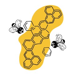Vector illustration on an isolated background. Hand-drawn cartoon bees and honeycombs. Contour drawing for labels, stickers, backgrounds, prints, and honey-themed decor.