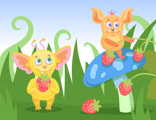 Obraz na płótnie Canvas Cartoon tiny funny monsters collecting berries in grass. Flat vector illustration. Happy colorful creatures characters, gathering wild strawberry near giant mushroom. Fairytale, magic animals concept