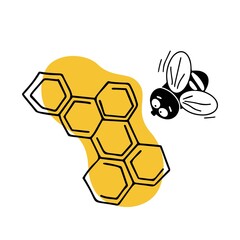 Obraz premium Hand-drawn, contour, vector illustration on an isolated background. Cartoon plait flies around the honeycomb, collects honey. Drawing for a sticker, decorative print, background element, poster.