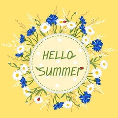 Vector set of full-size colors on an isolated background.Daisies, cornflowers in a decorative round design on a trendy yellow background.Space for the text.Postcard, print for clothes, summer decor.