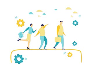 Flat illustration of business people walking on tight rope. Simple flat illustration with blue and yellow. Business and finance concepts.