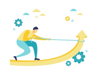 Flat illustration of a businessman turns the arrow graphic upwards. Simple flat illustration with blue and yellow. Business and finance concepts.