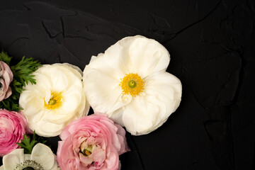  fresh ranunculus flowers on black textured background