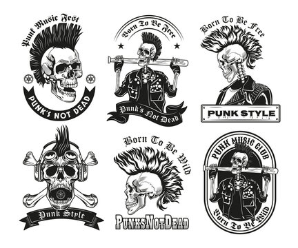 Set of vintage black and white punk skeleton sketches. Flat vector illustration. Graphic sketches of skeleton in punk style with mohawk and lettering. Subculture or death concept for tattoo template