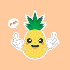 cute and kawaii Pineapple characters, mascots Pineapple cute characters set for summer. Pineapple juice, tropical fruit, summer resort. Vacation concept. For topics like fruit, summer, travel