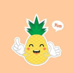 cute and kawaii Pineapple characters, mascots Pineapple cute characters set for summer. Pineapple juice, tropical fruit, summer resort. Vacation concept. For topics like fruit, summer, travel