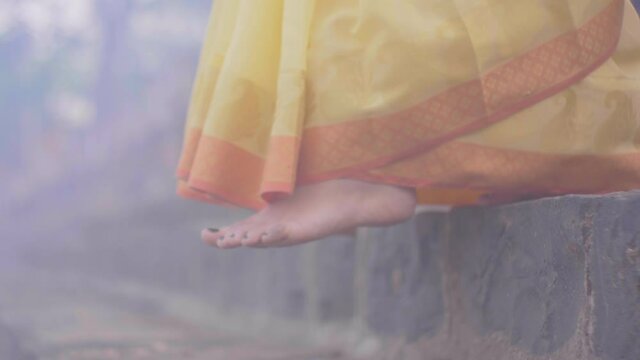 Girl In Yellow Saree Coming Down From Stairs Lake Side