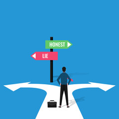 Businessman decision concept with signs of honest and lie vector illustration. - obrazy, fototapety, plakaty