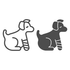 Puppy with bandaged paw line and solid icon, animal hospital concept, Dog with an injured leg sign on white background, Pet with wounded paw in bandage icon in outline style. Vector graphics.