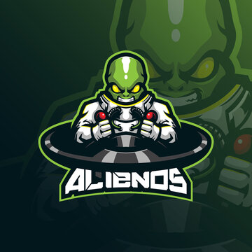 alien mascot logo design vector with modern illustration concept style for badge, emblem and tshirt printing. smart alien illustration with ufo.