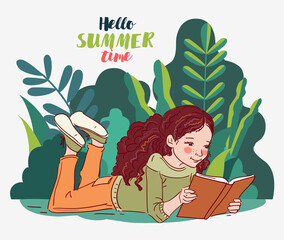 Cute girl reading a book in the garden. Nature landscape background. Summer holidays illustration. Vacation time
