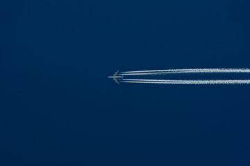 shot of a jet plane high in the blue skies