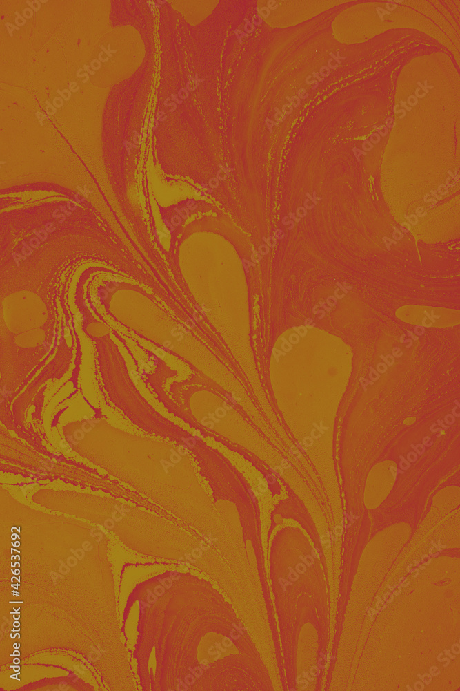 Aufkleber ebru technique texture with chaotic patterns in red and orange colors