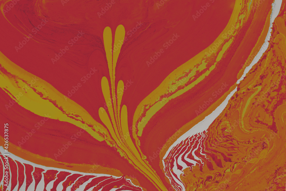 Aufkleber abstract ebru technique texture with petal-like elements and wavy lines in red and orange colors