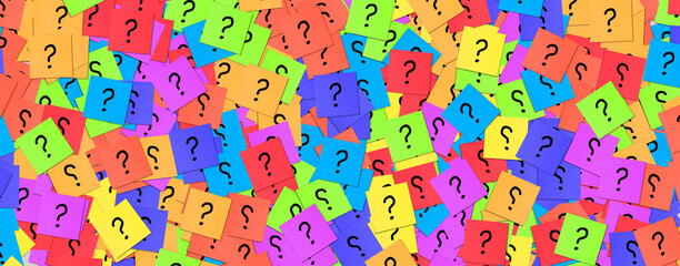 A large number of sticky notes with question mark. colorful background with many paper note blocks, Concept of Business question, help support and solution center 