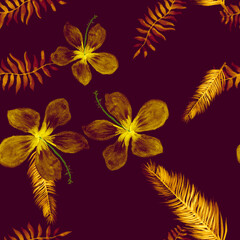 Yellow Seamless Painting. Violet Pattern Texture. Beige Tropical Texture. Purple Flower Painting. Autumn Drawing Leaves. Vintage Watercolor Palm. Spring Exotic.