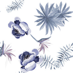 Fototapeta na wymiar Blue Tropical Nature. Navy Seamless Design. Gray Pattern Painting. Cobalt Drawing Foliage. Indigo Floral Vintage. White Decoration Palm. Decoration Leaf.