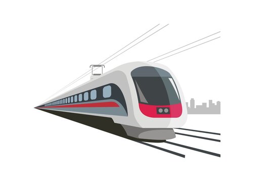 Fast train runs on the double track railroad. Simple flat illustration.