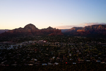 A aerial view of a sunset in Sedona Arizona during the spring.