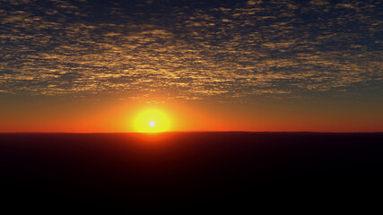 Desert sunset. The sun sets in the field. The sun is low on the horizon.