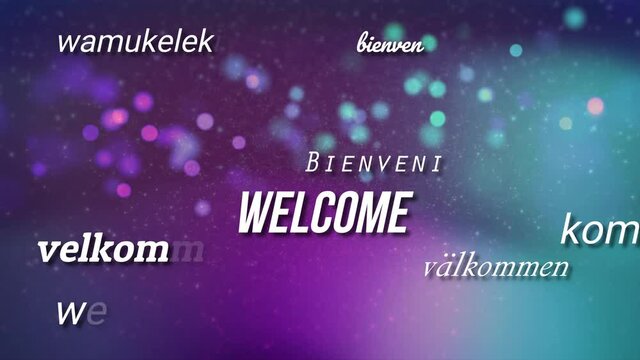 welcome in many languages with purple motion background