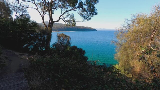 beautiful Tasmanian landscape with ocean view and thick vegetation shot from the Boronia walk in South Hobart