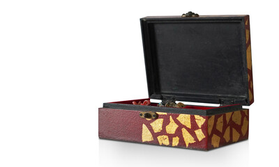 open antique red and gold wooden box on white background, object, fashion, vintage, copy space
