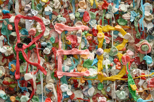 The Market Theater Gum Wall in downtown Seattle spelling the name REB. A landmark in downtown Seattle, in Post Alley under Pike Place Market.