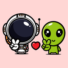 cartoon astronaut vector design along with aliens with peaceful fingers