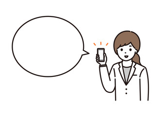 困った顔でスマートフォンを持っている女性薬剤師 吹き出し