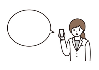困った顔でスマートフォンを持っている女性薬剤師 吹き出し