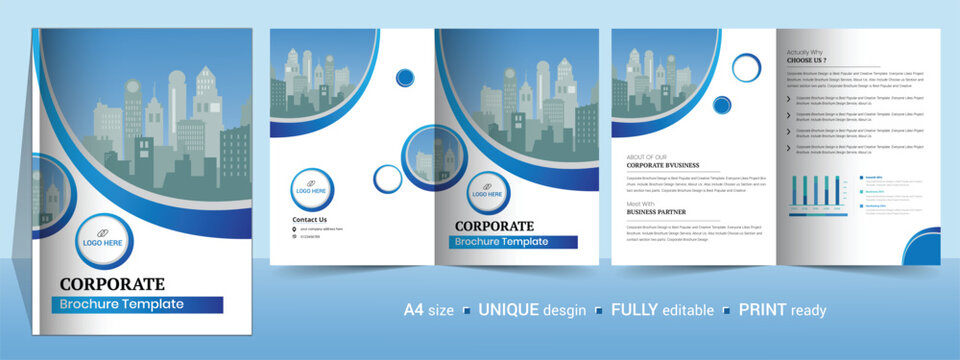 Corporate bifold brochure. It's also compatible with bi-fold, catalog, company profile, booklet, annual report, company profile, minimalist design and fully editable.