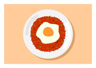 Fried rice with fried egg topping. Top view. Simple flat illustration.