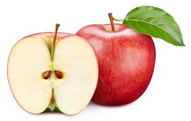 Apple with apple leaves and half isolated on a white background. Apple Clipping path.