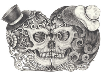 Couple skull day of the dead. Hand drawing on paper.