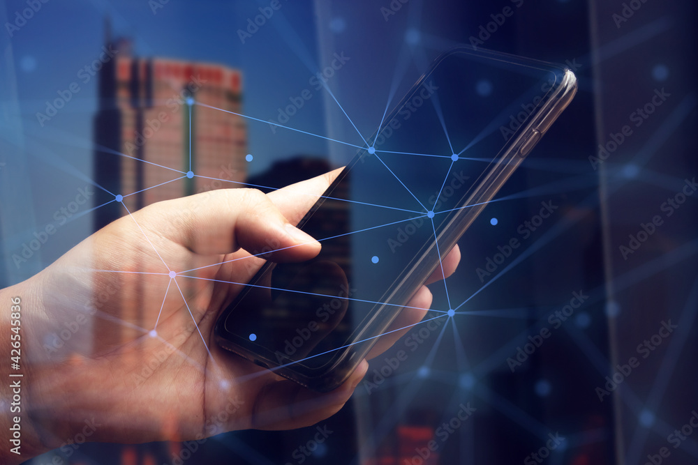Poster businessman with device smartphone for digital technology internet data social and network concept w