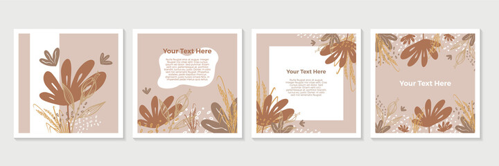 Set of abstract creative universal artistic templates with boho floral line art design.